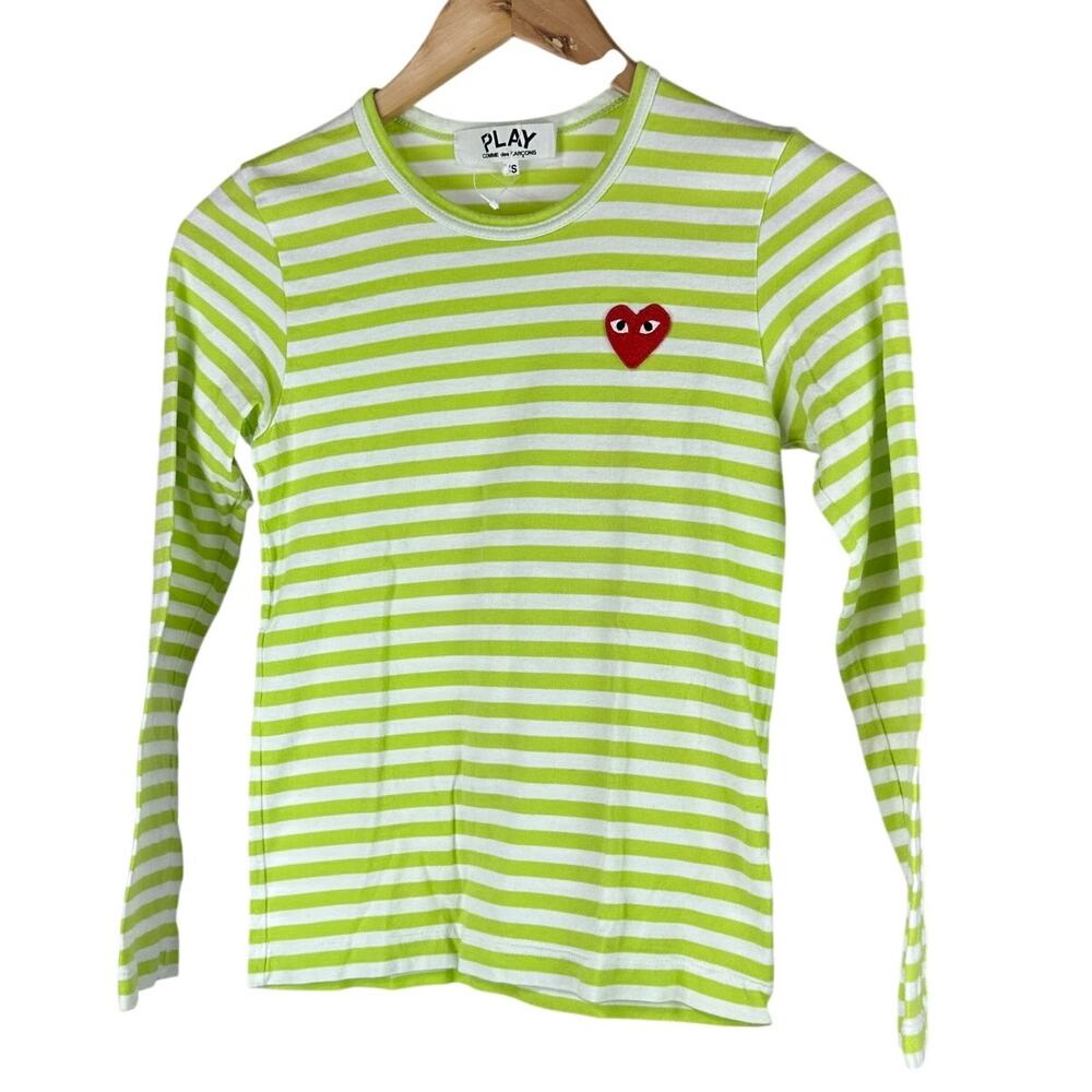 Comme Des Garcons Play Heart Print Striped Long Sleeve Green/White Women's XS